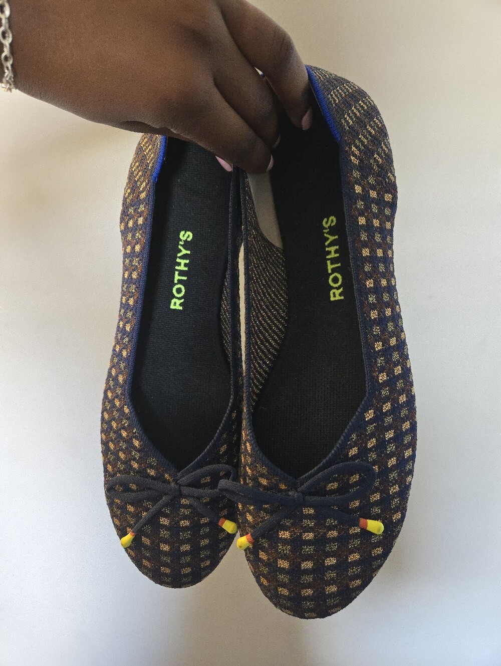 Rothy's Navy and Gold Check Bow Ballet Flats